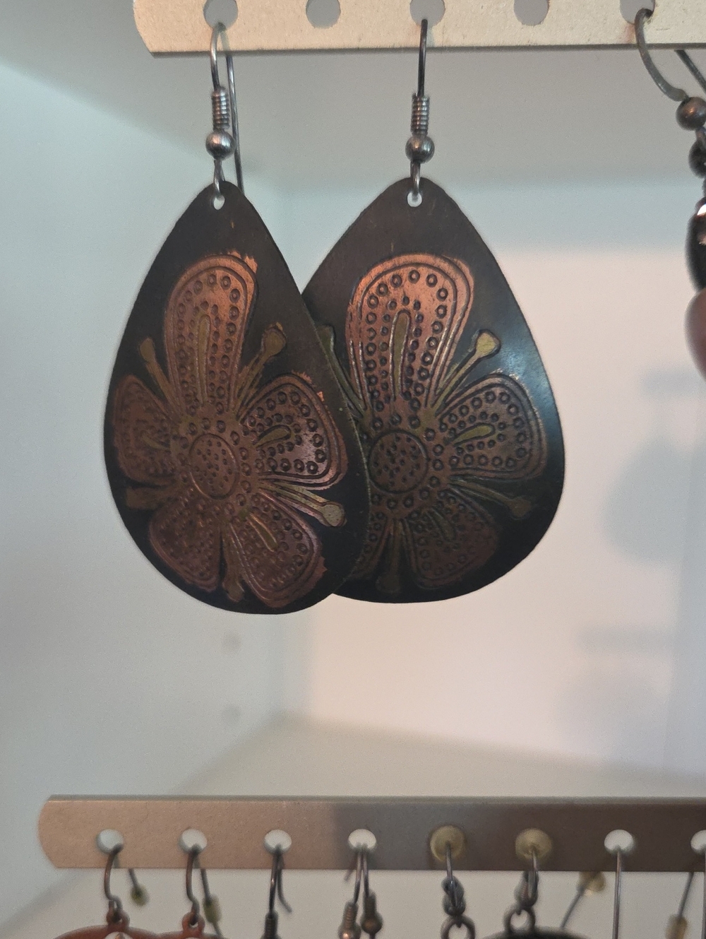 Handcrafted Black and Copper Floral Teardrop Earrings - Women Accessories